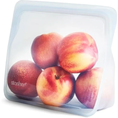Imagen de Stasher Bolsa de almacenamiento, reutilizable, silicona platino grado alimenticio, apta para lavavajillas, respetuosa con el medio ambiente, 1,59 kg, tamaño mediano pie, transparente