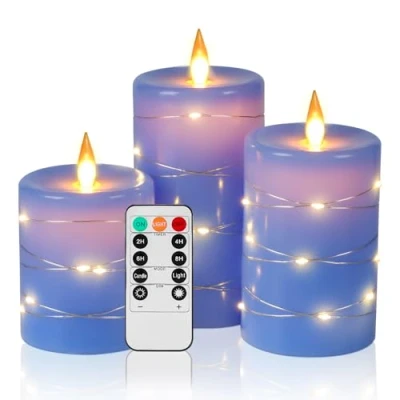 Imagen de velas LED visión de 360 ​​grados, paquete 3 cadena hadas, con control remoto 10 teclas, función temporizador 24 horas, llama danzante(Azul).
