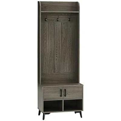 Imagen de HOMCOM Perchero con Zapatero Entrada Recibidor 3 Ganchos 2 Puertas Compartimientos y Estante de Almacenamiento para Pasillo 60x34x170 cm Gris