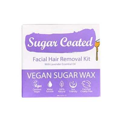 Imagen de Sugar Coated Kit de cera azúcar para depilación facial orgánica, tiras suaves cejas y labio superior, con aceite lavanda calmar la piel, pieles sensibles, 200 g