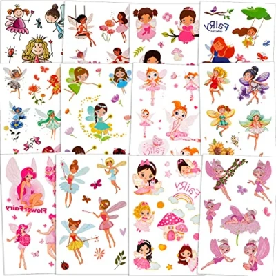 Imagen de Qpout hada de las flores tatuajes temporales para niñas(120 + piezas), jardín hadas princesa flor tatuaje pegatinas impermeables niños cumpleaños fiesta regalo