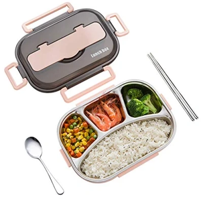 Imagen de amropi Acero Inoxidable Fiambrera Contenedores de Alimentos Apta para lavavajillas Bento Comida Caja Almuerzo con Cuchara(Rosa,4 Compartimentos)
