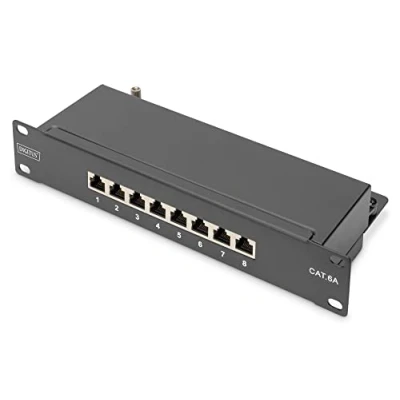 Imagen de DIGITUS Panel de conexión Cat 6A 8 Puertos Tomas RJ45 Montaje en Bastidor 10 Pulgadas 1U distribución LSA apantallado Negro
