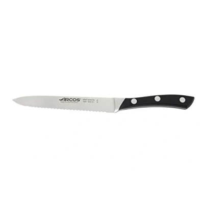 Imagen de Arcos Serie Terranova, Cuchillo Tomatero, Hoja de Acero Inoxidable Forjado Nitrum 130 mm, Mango Polioximetileno, POM color Negro