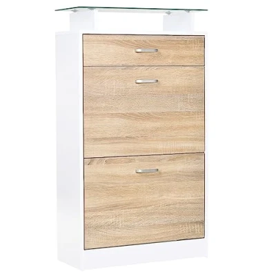 Imagen de HOMCOM Mueble Zapatero Armario con 3 Cajones Estante de Vidrio y Asa Aluminio para Pasillo Entrada Carga 50 kg 60x24x105,5 cm Natural