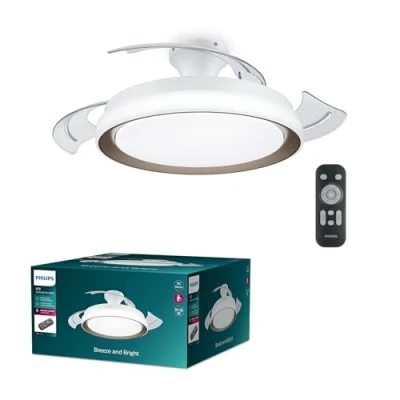 Imagen de Philips Ventilador de Techo Bliss con luz LED 28W, motor DC (35W), color Blanco y Dorado, 3 temperaturas luz, Mando Incluido, Modo Invierno/Verano, (versión 2024)