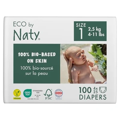 Imagen de Eco by Naty Pañales bebé ecológicos a base de plantas, ideales para la piel sensible del y ayuda evitar las fugas (Talla 1, 100 unidades)
