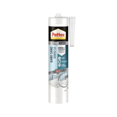 Imagen de Pattex Baño Sano, silicona antimoho e impermeable, transparente duradera para cocina y baño, resistente sanitaria, 1 cartucho x 280 ml