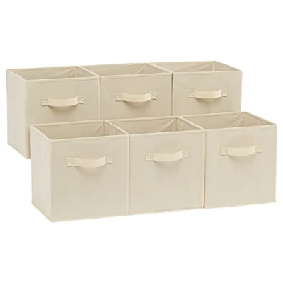 Imagen de Amazon Basics Cubos de almacenamiento tela plegables con asas, 26,6 x 27,9 cm, color beis, paquete 6 unidades