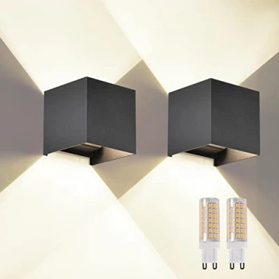 Imagen de FUPE 2 Piezas Aplique de Pared exterior Interior Bombilla LED G9 Reemplazable Lámparas Moderno Negro 4000K IP65 Impermeable Apliques cuadrada aluminio Ángulo luz ajustable