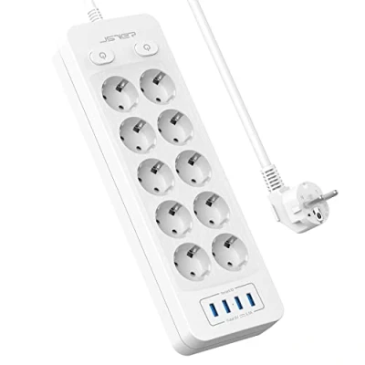Imagen de JSVER Regleta Enchufes 10 Tomas,Regleta USB con Toma de Corriente(3680W 16A) y 4 Puertos Estación Carga Inteligente, Tomas Alargadora Cable 2m para Viajes en Casa Blanco