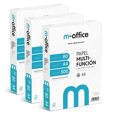 Imagen de Paquete Folios A4 80gr, de 500 hojas, Papel Multifunción para Impresora Inkjet y Láser, Hojas 210 x 297 mm Ideales la Oficina como el Hogar · m office (1500 hojas)