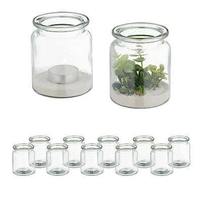 Imagen de Relaxdays Juego Pack 12 Portavelas Cristal de Colores, con Asa, Interior, Exterior, Porta Velas Té, 9,5x8,5 cm, Multicolor, Acero Inoxidable