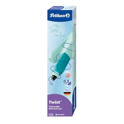 Imagen de Pelikan Twist Mint, Bolígrafo Esferográfico Ergonómico, para Diestros y Zurdos, la Escuela Oficina, Punta M Indeformable, 2 Cartuchos KM Azules Incluidos, Recargables