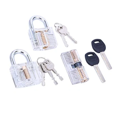 Imagen de Loboo Idea Juego de 3 candados práctica para cerrajeros principiantes y profesionales, candado transparente con llave vaso cristal recortado, hoja cerradura cilindro AB Kaba