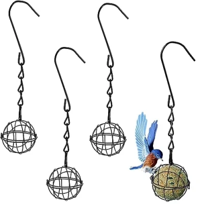 Imagen de BOBOZHONG Alimentador de Bola Grasa,4 PCS comederos Pájaros con Ganchos Metal Soporte,Comedero para Silvestres (Negro)