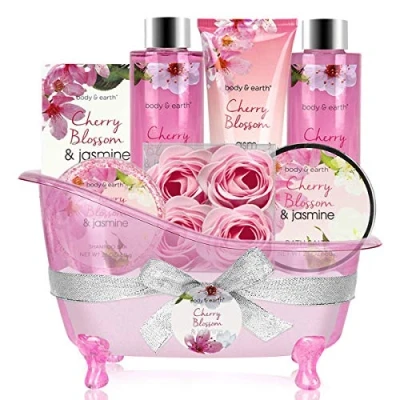 Imagen de Cesta Regalo Mujer, Body &amp; Earth Set de Baño Mujer con Bañera Plástico 8 Piezas Fragancia a Flor Cerezo y Jazmín Kit Perfecto o Relajante para Hogar Festival