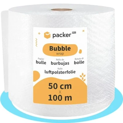 Imagen de packer PRO Rollo Plastico Burbujas Embalaje, 50cm Ancho (A) y 100m Longitud (L). Papel burbuja ideal para Mudanzas, Embalajes Envíos