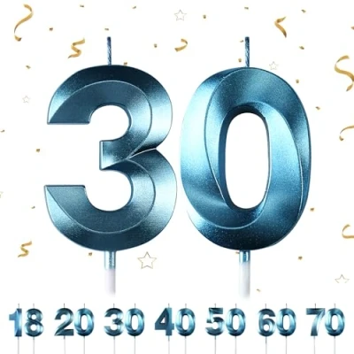 Imagen de Velas Cumpleaños Números 30,3D Azul Vela,Vela de Número 30 Pastel Decoración,Aniversarios,Baby Shower