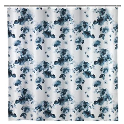 Imagen de WENKO cortina de ducha antimoho «Rose Bleu», textil antibacteriana con efecto antimoho, lavable, impermeable, 12 anillos para la fijación a barra ducha, 180 x 200 cm
