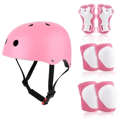 Imagen de Gaethra Set Protecciones Patines Niño 7 Piezas con Casco Bici Ajustable, Incluye Rodilleras, Coderas y Muñequeras para Ciclismo, Patinaje, Monopatín Más (Rosa)