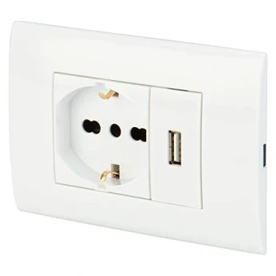 Imagen de POLY POOL PP6096X Kit Empotrable 250V con Módulos Toma de Corriente Eléctrica Schuko Pluristandard Enchufe 10A 16A Italiana/Alemana y USB 2.1A Blanco Caja Para fijación a la Pared