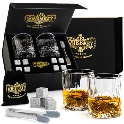 Imagen de WHISISKEY Set de Vasos Whisky Regalo Vaso Regalos Originales para Hombres Caja Regalo, 2 Whiskey x 310ML, 8 Cubitos Hielo Reutilizables, Accesorios
