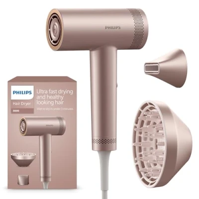 Imagen de Secador de pelo Philips Serie 8000 alta velocidad, tecnología ThermoShield Advanced, iónico, boquilla peinado y difusor, cuidado del cuero cabelludo, 1400W, color rosa champán, modelo BHD837/10