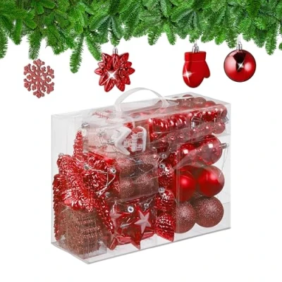 Imagen de Relaxdays Set 100 Bolas Árbol Navidad, Bolitas Navideñas Brillantes, con Purpurina y Mate, 10 Diseños, Rojo, 9 x 8,5 2,5 cm