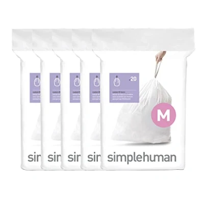 Imagen de simplehuman Code M Bolsas de basura con cordón ajustable en paquetes dispensadores, 100 unidades, 45 litros, color blanco