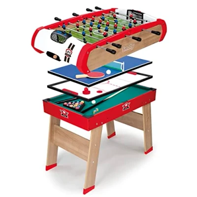 Imagen de Smoby Futbolín Powerplay 4 en 1. Futbolin, Pin Pong, Billar, Air Hockey, Estructura de Madera, con Accesorios, A Partir 8 años (7600640002)