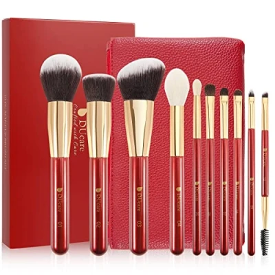 Imagen de DUcare 10 Piezas brochas de Maquillaje Profesional set sintética con bolsa piel Pinceles Brocha maquillaje（rojo）