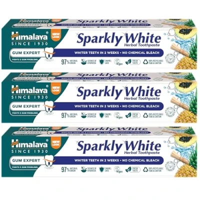 Imagen de Himalaya Herbals Sparkly White Pasta de dientes a base hierbas * Obtenga más blancos en 2 semanas Eliminación avanzada placa, no contiene sustancias químicas, 100% vegana 75ml (3 Pack)