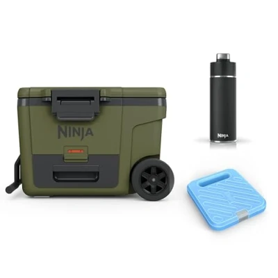 Imagen de Ninja FrostVault Nevera portátil rígida,42L, con Termo de Viaje Thirsti y Bloque Hielo Grande, Ruedas cajón Dry Zone Integrado a Temperatura frigorífico, Verde Oliva, FB245AMZEUUKGN