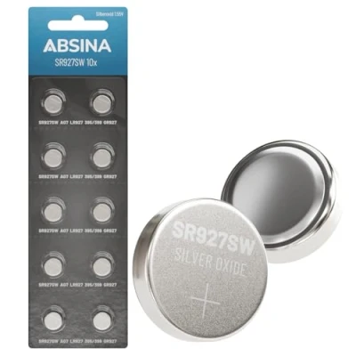 Imagen de ABSINA SR 927 SW Pilas de botón para reloj (1,55 V, óxido plata, 10 unidades, 395/399/AG7/LR927, SR927SW, a prueba fugas y larga durabilidad)