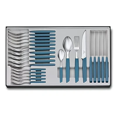Imagen de VICTORINOX Swiss Modern Juego de mesa para 6 personas, 24 piezas, incl. cuchillos carne con filo dentado, mangos plástico, azul aciano