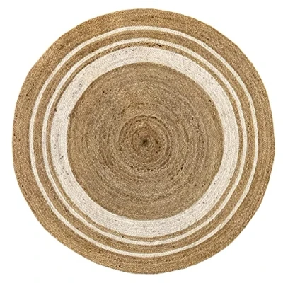 Imagen de HAMID Alfombra Yute Alhambra Color Natural Greca Blanca Redonda, 100% Fibra de Yute, Tejida a Mano, Salón, Dormitorio, Pasillo, (150x150cm)