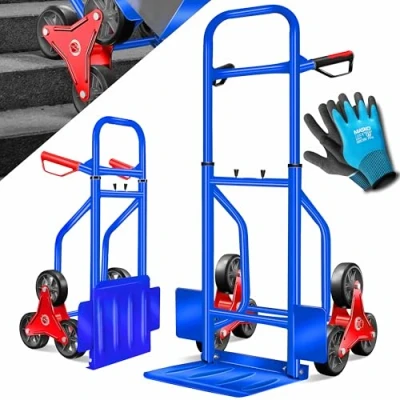 Imagen de MASKO® carretilla para escaleras, 200 kg, de transporte, apilable, plegable, ruedas goma dura, asas plástico, marco acero, color azul