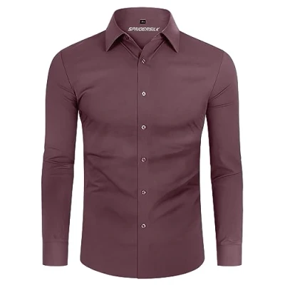 Imagen de DEMEANOR Camisa para hombre, elástica, manga larga, informal, corte ajustado, camisas de negocios, no necesita planchado, Rosa., M