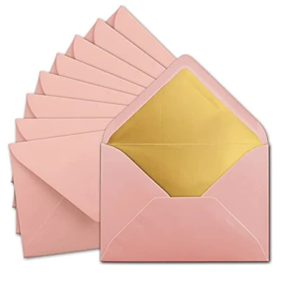Imagen de FarbenFroh by Gustav Neuser 50 sobres DIN C5 de 15,7 x 22,5 cm en color rosa envejecido con forro seda dorado, pegado húmedo, blanco, postales sin ventana formato
