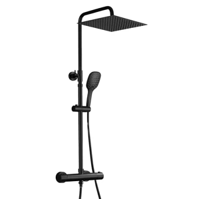 Imagen de JOHO Columna de Ducha con Grifo Termostático Negro Barra Reuglable en Altura Acero inoxidable 304 Cuadrada Lluvia 25 * 25cm