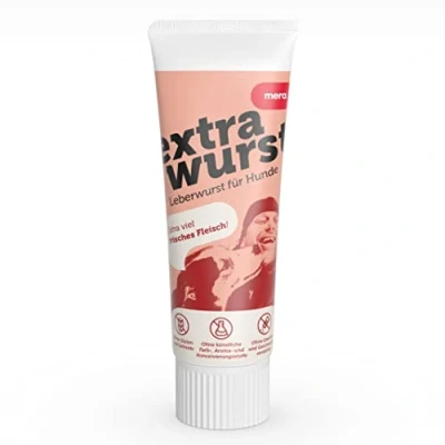 Imagen de MERA Extrawurst Salchicha de hígado para Perros sin Cereales, Tubo 75 g con Mucha Carne Fresca y Sabor, Deliciosa Entrenamiento Adultos Cachorros, azúcar ni Sal
