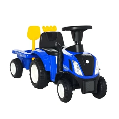 Imagen de HOMCOM Tractor sin Pedales para Niños de 12 36 Meses con Remolque Extraíble Coche Correpasillos Bocina Faros Pala Asiento Suelo 25 cm y Rastrillo Carga kg 91x29x44 Azul