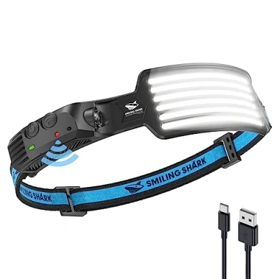 Imagen de Smiling Shark Linterna Frontal Cabeza, 230Gran Angular 6*Tiras Luz LED Blanco de la Más Brillante Recargable Sensor Movimiento Impermeable Camping Ciclismo