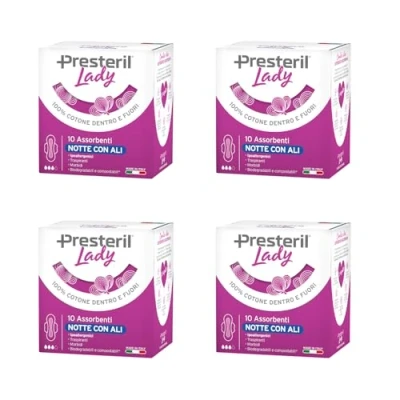 Imagen de Lady Presteril, Absorbentes exteriores noche con alas de algodón 100% biodegradable, 4 paquetes 10 unidades (total 40)