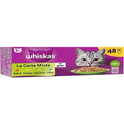 Imagen de WHISKAS 48 Bolsas de frescura La Tarjeta Mixta (4 variedades) Paté para Gatos Adultos en Jalea Comida húmeda Completa y equilibrada, Apta esterilizados