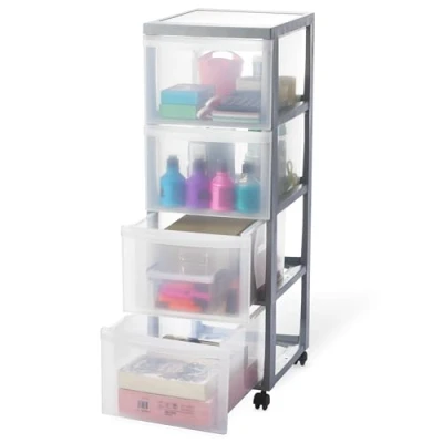 Imagen de Iris Ohyama Unidad de almacenamiento plástico con ruedas y 4 cajones profundos, Plata, asas fácil extracción, multiusos, A4, A5, para oficina, hogar, escuela, Torre, Organizador, DC 304