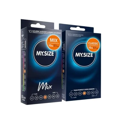 Imagen de My.SIZE Mix SET Tamaño 4, 57 mm: 10 condones clásicos + en 4 emocionantes variedades, con aroma, color, textura y