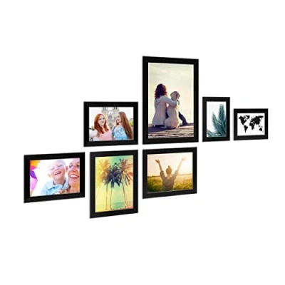 Imagen de PHOTOLINI Set de 7 marcos negros madera MDF, anchos, moderno, cristal acrílico sólido, para colgar y poner pie, accesorios adicionales una decoración elegante su pared