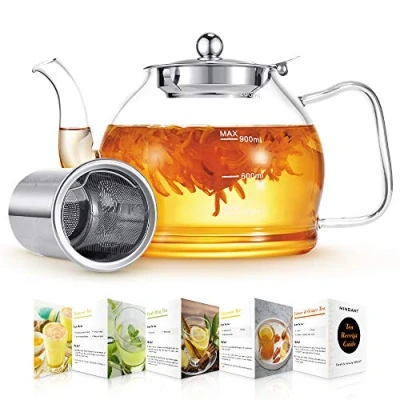 Imagen de tetera de cristal, cristal con infusor extraíble, 41 onzas transparente para té floreciente, suelto, borosilicato estufa té, guía preparar
